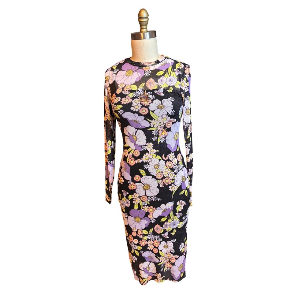 AFRM Shana Mesh Midi Dress Womens Small Purple Floral Excellent Long Sleeve Mock